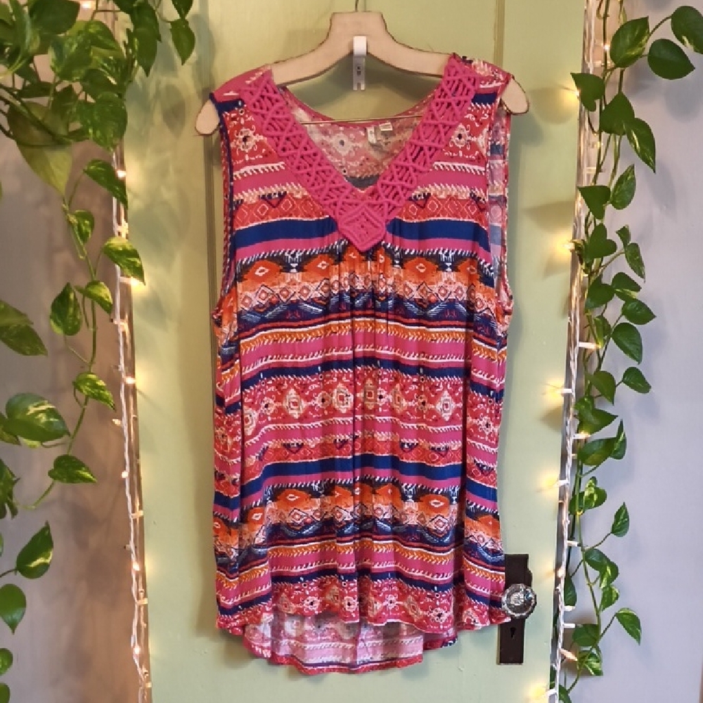 Women's Cato Sleeveless Blue Pink Pattern Knit V-Neck Muscle Tank 22 / 24 W